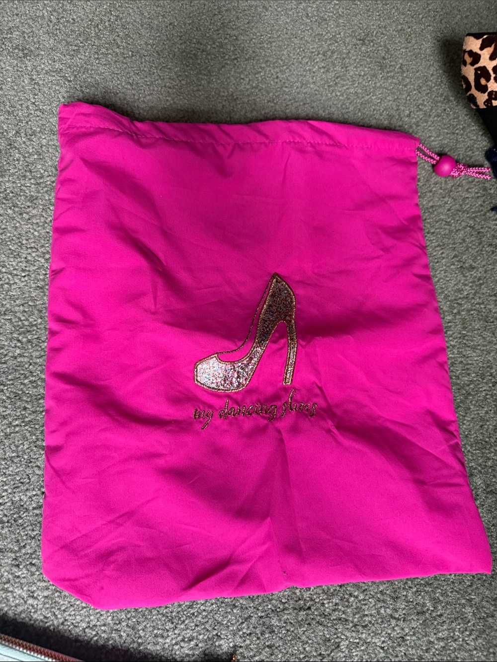 Hot Pink Drawstring Shoe Dust Bag with Glitter Heel Motif